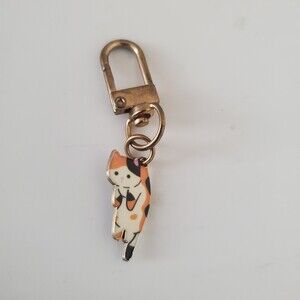 Cute Calico Cat Keychain Lobster Clasp Charm Gold Tone Modern Collectible